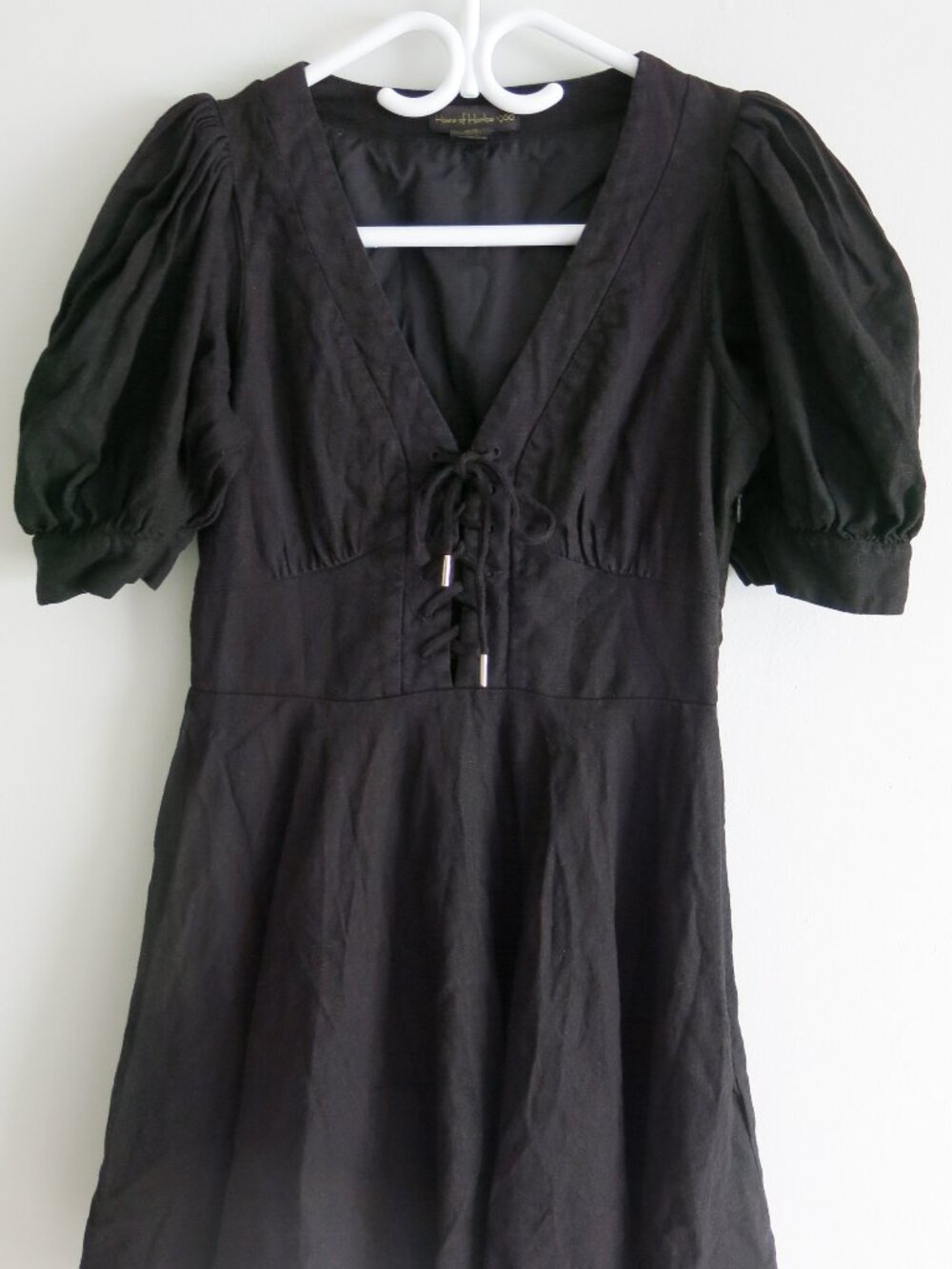 House of Harlow 1960 Black Linen Blend Lace Up V Neck Puff Sleeve Dress - Size 4 - Picture 5 of 9